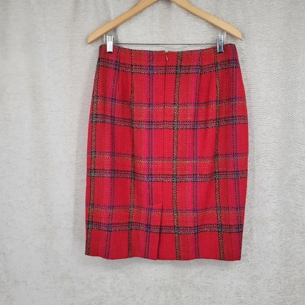 Ellen Tracy Red Plaid Blazer Double Breasted Gold Buttons Skirt Suit Set Tweed